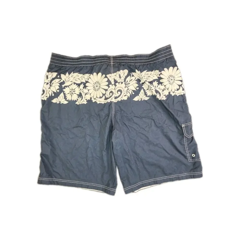 SPEEDO Men's Board Shorts Swim Sz XXL Pockets Drawstring Blue White Floral C40